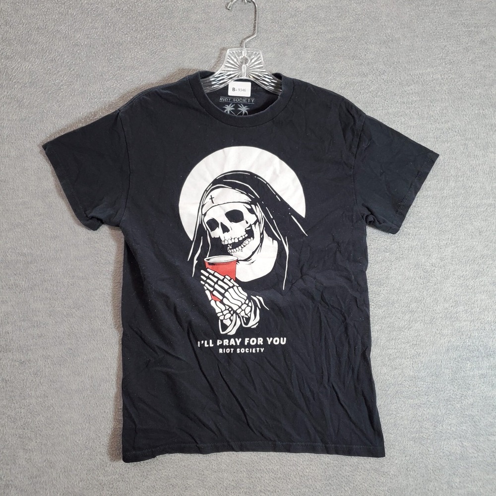 Riot Society Women Top Small Black‎ Shirt Nun Skull Pray For You Graphic Tee